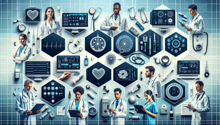 Stethoscopes, syringes, and diagnostic machines used by diverse medical professionals in a modern UK hospital.