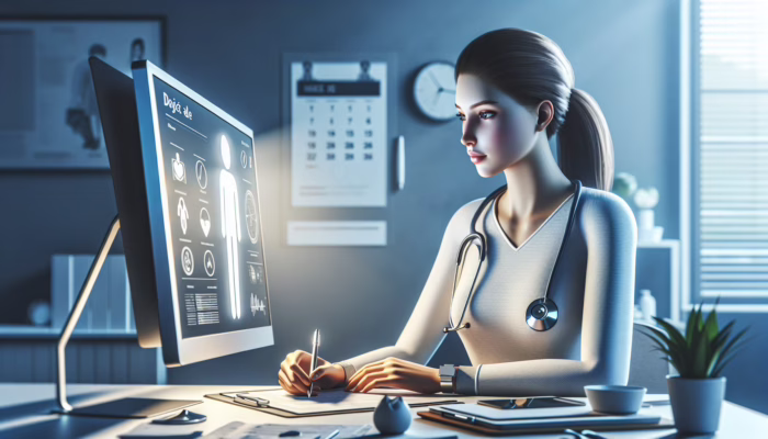 A doctor using a CRM system on a computer in a modern healthcare setting, enhancing patient engagement.