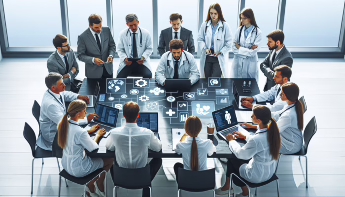 Diverse group of clinicians, administrators, and IT personnel planning CRM implementation in modern office.