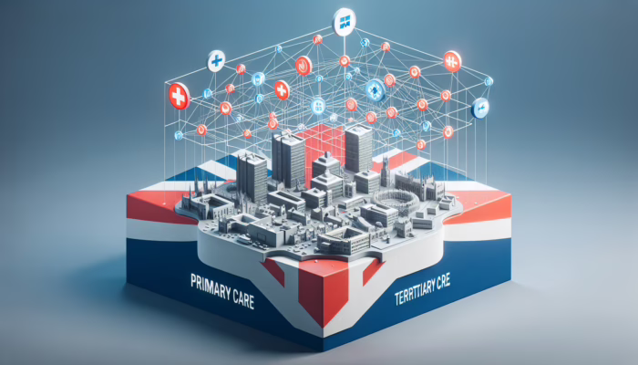 Diagram of NHS structure showing primary, secondary, and tertiary care levels, with GPs and hospitals, against UK flag.
