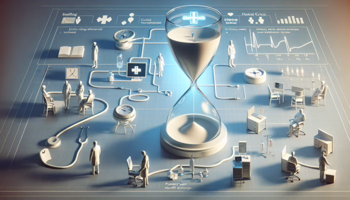 Infographic showing critical needs in UK healthcare with statistics, medical icons, and graphs on staffing and wait times.
