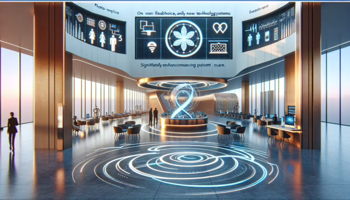A modern hospital lobby with a digital bridge connecting old and new tech systems, featuring robotic healthcare assistants.