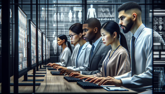 A quality assurance team reviewing medical records on computers to ensure accuracy and patient safety.
