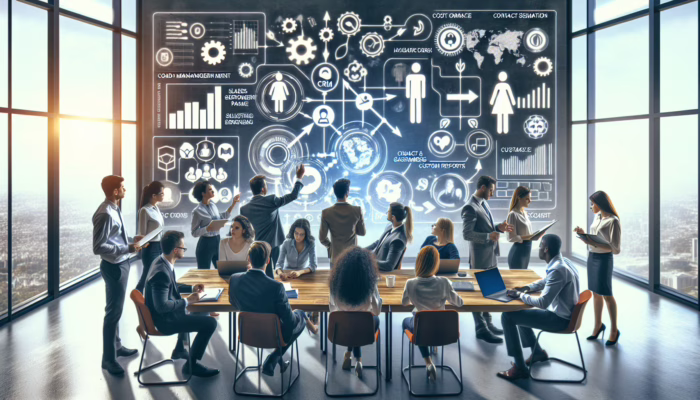 A team brainstorming CRM features on a digital screen in a modern office, focusing on sales, marketing, and customer support.