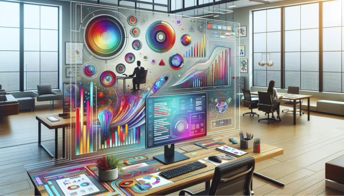 A professional customizing CRM software on a computer in a modern office, with graphs and analytics on screen.
