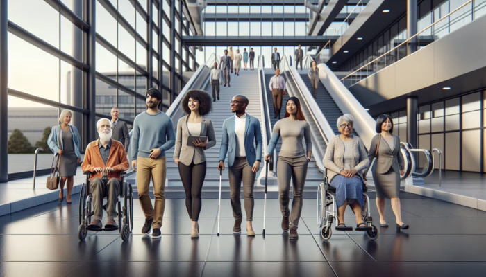 Diverse group accessing healthcare in a UK hospital, illustrating Equality Act 2010's impact on accessibility.