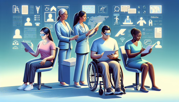 Diverse patients receiving accessible healthcare information in a modern hospital, symbolizing empowerment and inclusivity.