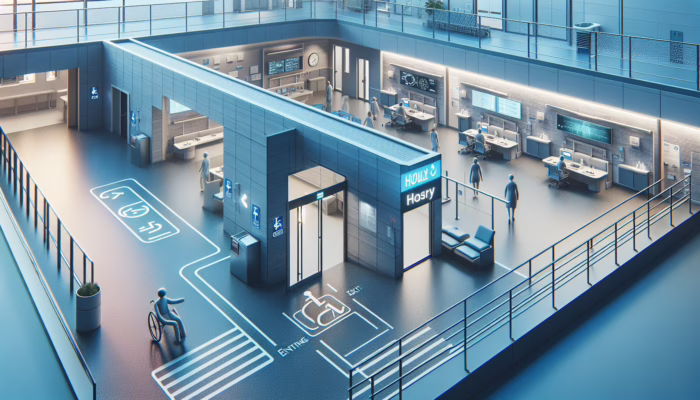 Modern UK healthcare facility with automatic doors, ramps, and clear signage for accessible entrances and exits.