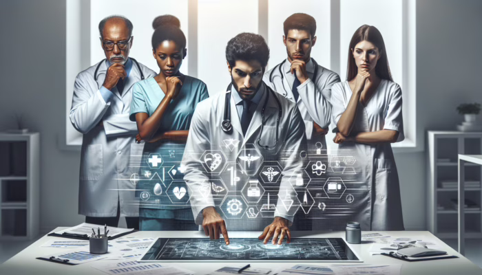 Diverse healthcare professionals studying tax documents and charts in a modern office, focused on financial planning.