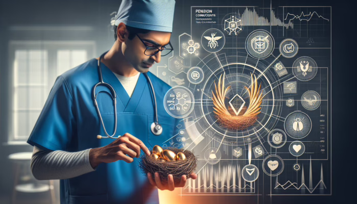 A healthcare professional analyzing pension documents with UK flag and NHS logo, illustrating tax benefits.