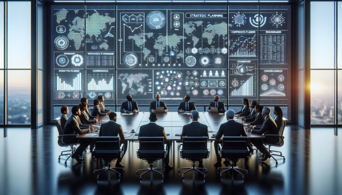 Executives in boardroom analyzing regulatory documents with strategic planning charts and compliance screens.