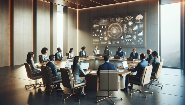 Business leaders and regulatory officials collaborating in a modern conference room, discussing compliance strategies.