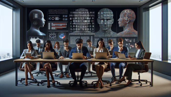 A team analyzing documents and using laptops for compliance gap analysis in a conference room with regulatory visuals on a screen.