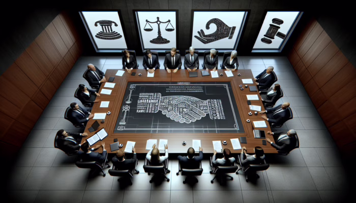 Executives in a boardroom reviewing compliance documents, with symbols of law and trust.