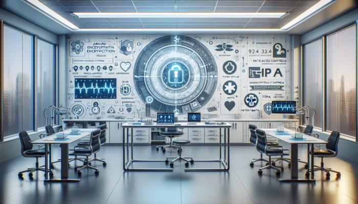A secure healthcare setting with encryption symbols and access controls, symbolizing HIPAA compliance and patient privacy protection.