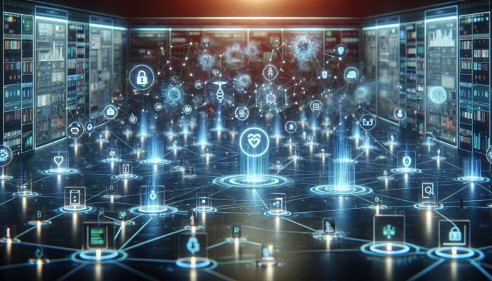 A digital network of healthcare providers exchanging secure, HIPAA-compliant patient data, symbolized by glowing nodes and encrypted streams.