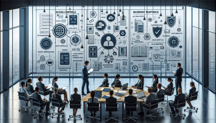 Professionals reviewing HIPAA-compliant policies, surrounded by documents and in a training session on data security.