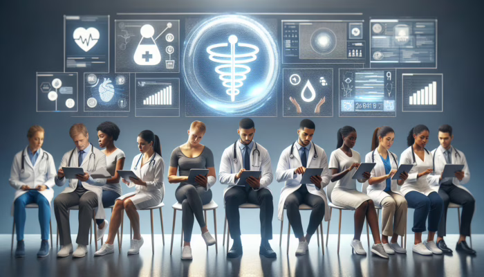 Modern NHS clinic using digital tablets for evidence-based diabetes care, focusing on cost-effective prevention and early intervention.