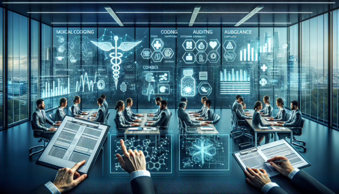 Auditors reviewing medical documents for coding accuracy in a modern office.