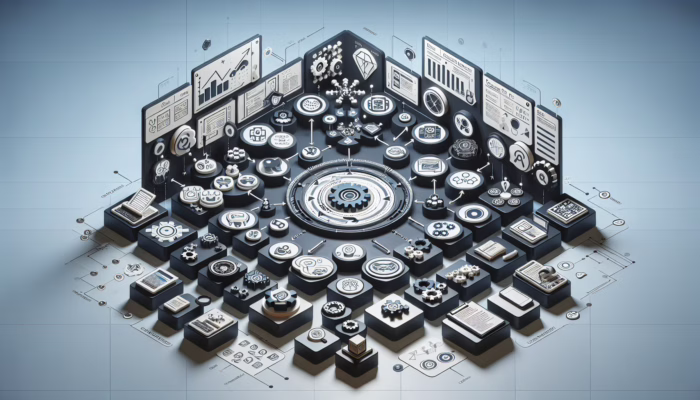 Infographic showing CRM module development process from design to deployment with coding, testing, and integration icons.