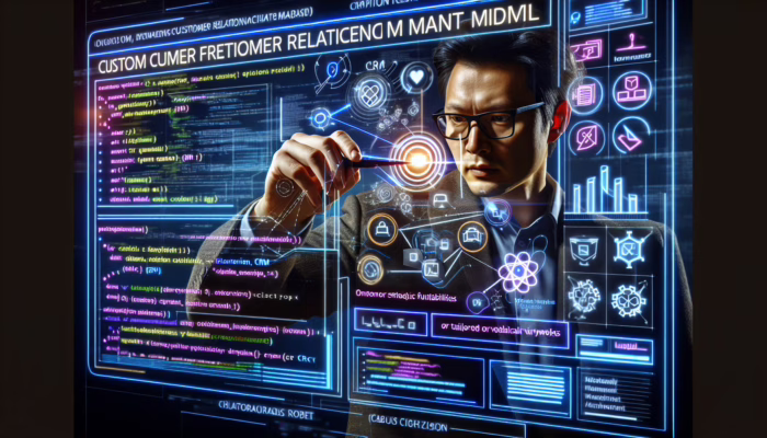 A developer creating a custom CRM module with code and system diagrams in the background.