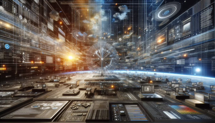 A futuristic high-tech environment with interconnected software systems optimizing operations through glowing data streams.