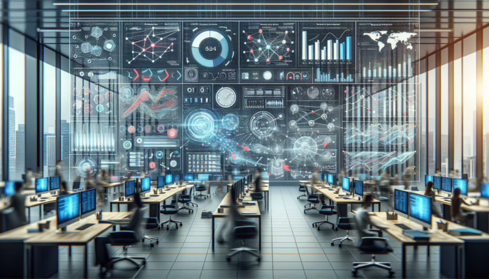 A digital dashboard showing real-time data and analytics in a modern office setting.