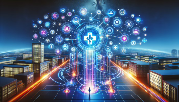 A futuristic healthcare network with interconnected systems and vibrant data streams integrated through glowing API nodes.
