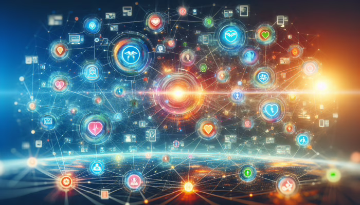 A digital network of healthcare systems exchanging patient data, enhancing care and empowering patients.
