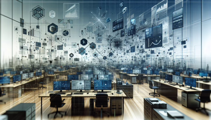 Interconnected computer systems in a bustling office, enhancing business efficiency through seamless data flow.