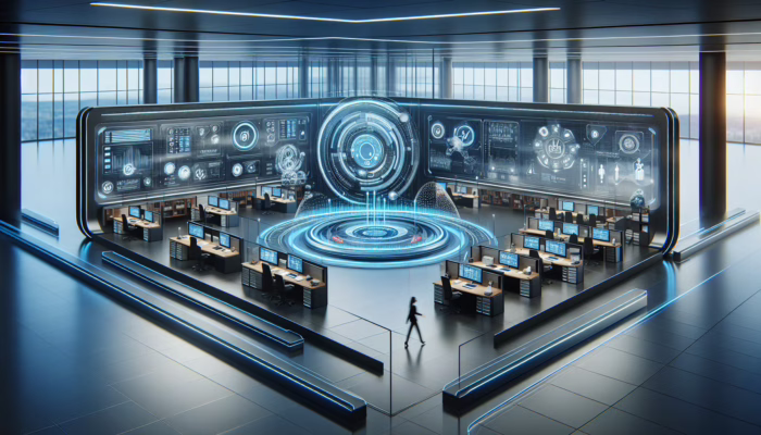 A futuristic office with interconnected digital systems streamlining HR and payroll, reducing manual work and costs.