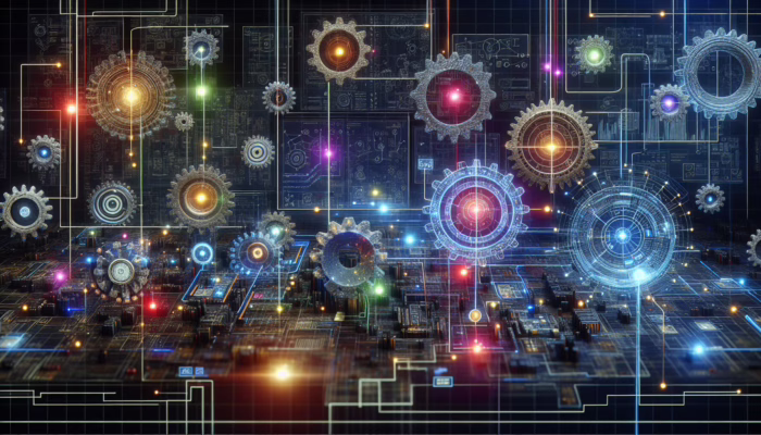 A complex network of gears and circuits, symbolizing system integration, with strategic elements highlighted.