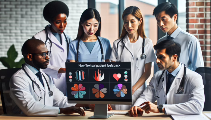A healthcare team reviewing patient feedback and comparing best practices in a modern office with screens displaying data.