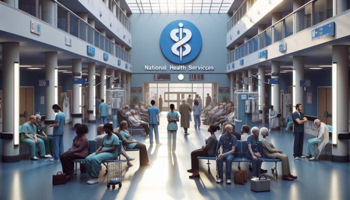 A hospital corridor with NHS logo, budget charts, stressed staff, and waiting patients showing budget variance impact.