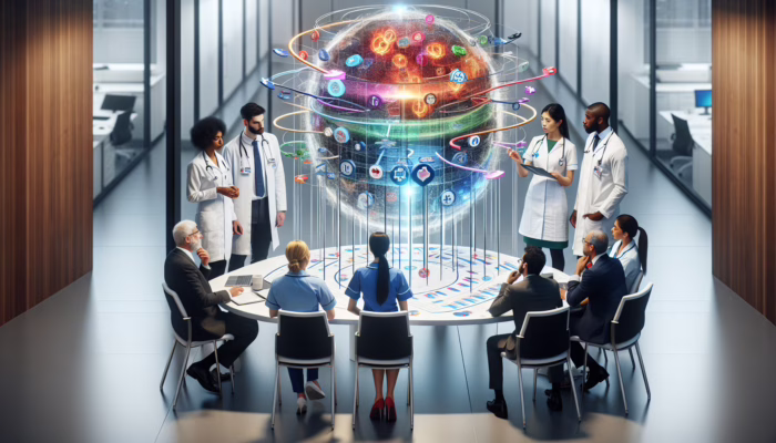 A diverse NHS team strategizing over a colorful budget chart in a modern meeting room.