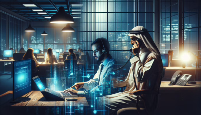 A person calmly calls technical support after their laptop crashes late at night; a busy, well-lit office with ready staff.