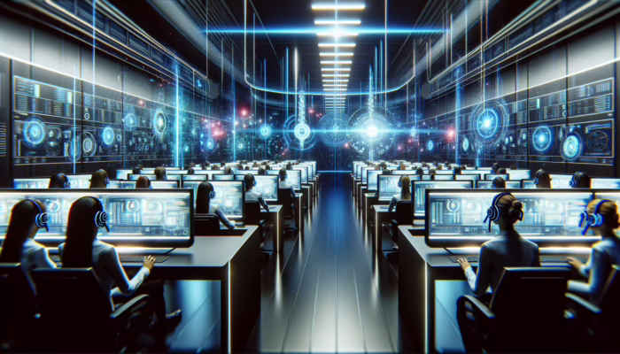 Operators in a futuristic call center with multiple screens, blue and neon lighting.
