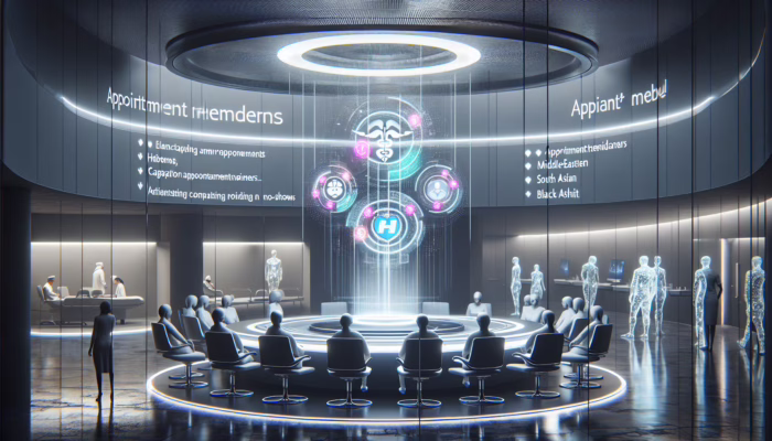 Holographic virtual assistants in a modern NHS clinic sending appointment reminders to diverse patients, reducing no-shows.