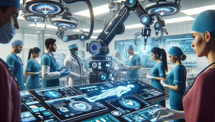 Futuristic UK hospital with robotic arms, holographic data, and diverse healthcare professionals using advanced technology.