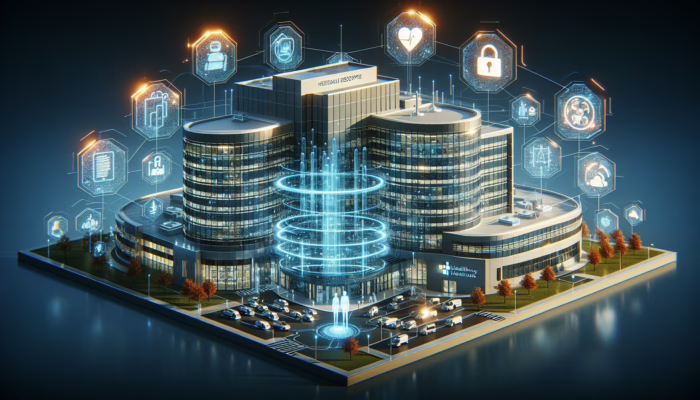 A futuristic NHS hospital with advanced cybersecurity systems protecting patient records.