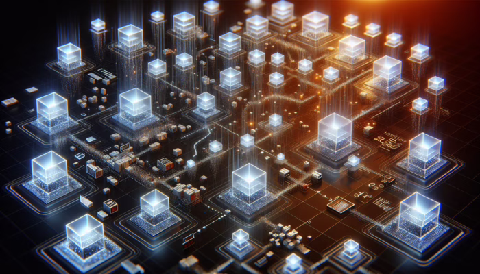 Glowing uniform cubes flowing between EHR platforms, enhancing data reliability and integration.