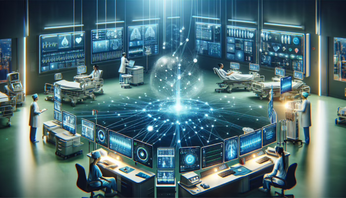 A digital network of healthcare systems exchanging patient data, enhancing care coordination in a hospital.