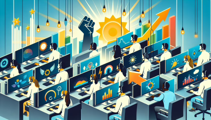 Agents in a lively outbound call center using headsets and computers, with motivational posters and performance charts.