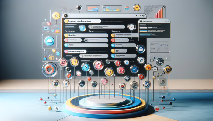 A vibrant digital interface with colorful icons and animated responses for FAQs on a modern background.