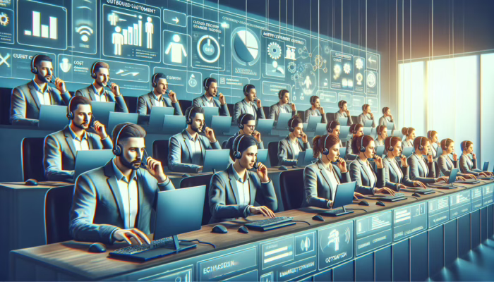 A call center with agents making outbound calls, surrounded by graphs showing revenue growth and market insights.