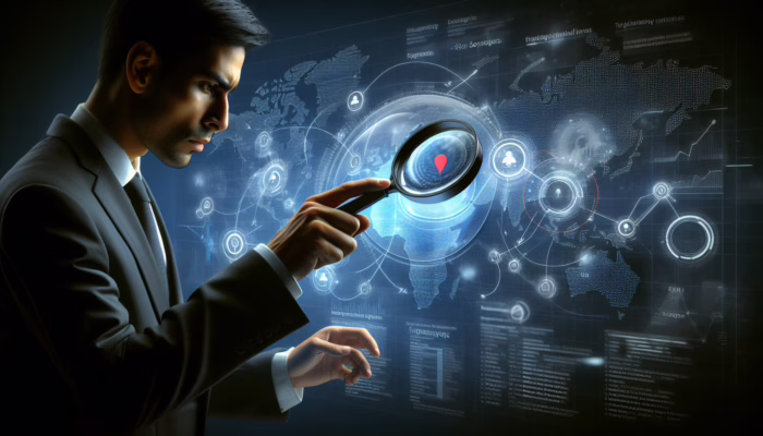 A businessman using a magnifying glass on a digital map to target high-potential leads for increased profitability.