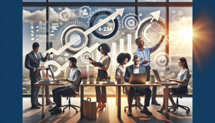 A team using digital tools for lead generation research, with charts showing increased revenue and conversion rates.