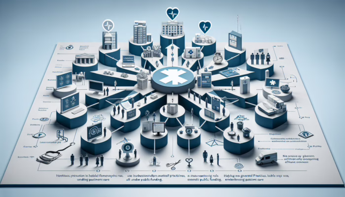 Infographic illustrating NHS organisational structure, roles spanning from hospitals to practices, unified through public funding, enhancing patient care in the UK.