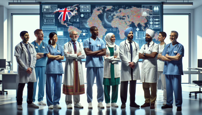 A diverse UK healthcare team in a modern hospital, showcasing cultural integration and enhancing patient care.