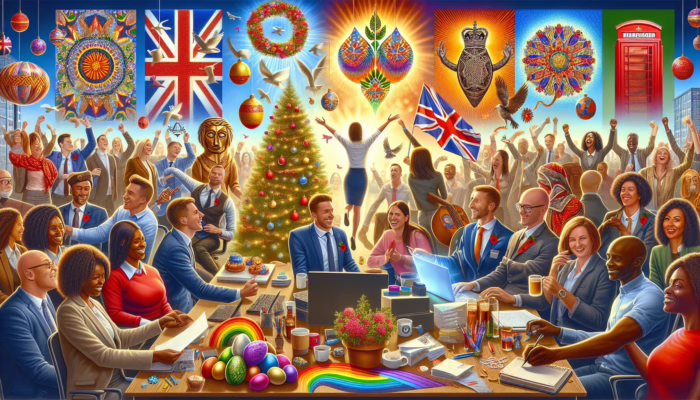 Diverse UK office workers celebrating holidays with themed events and team-building, fostering unity.
